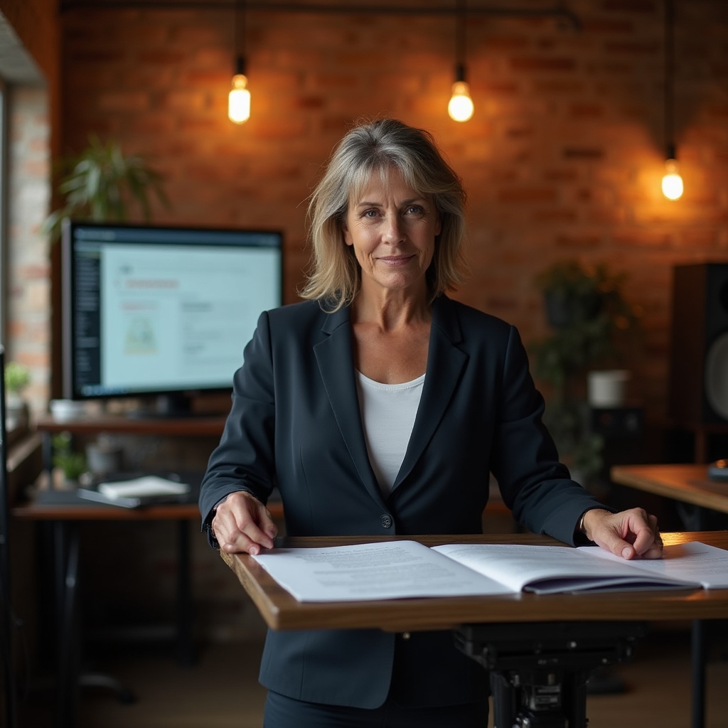 Course creator in their late 40s reviewing course materials at a standing desk in a warmly lit modern studio space