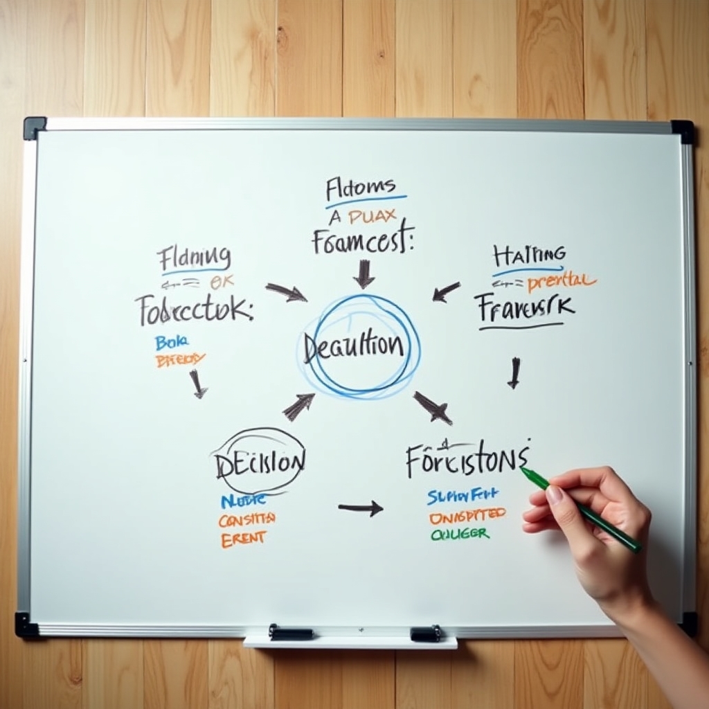 Aerial view of a clean whiteboard with a hand-drawn decision framework diagram showing client management flow with colored markers