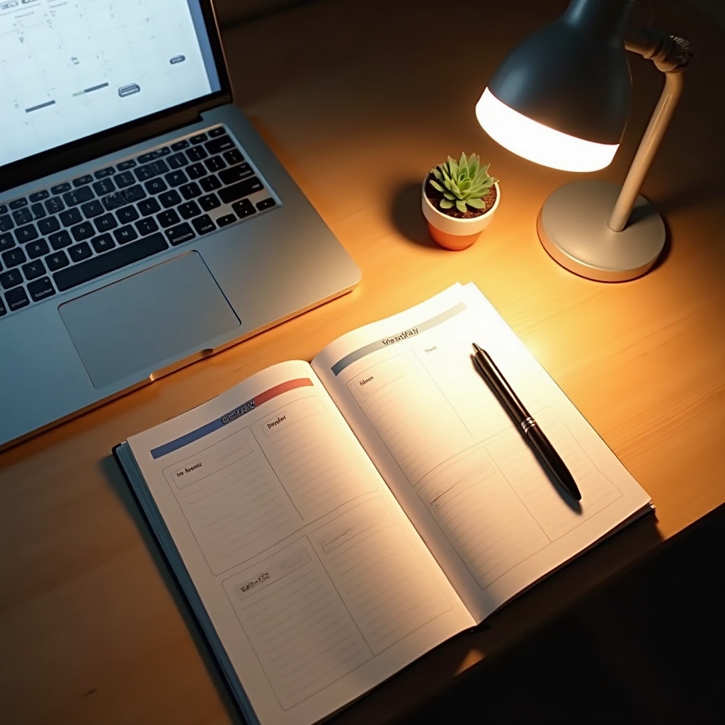 Clean organized desk with a single notebook, laptop showing a clear weekly schedule, and calm productive atmosphere